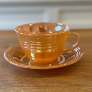 Vintage Fire King Peach Lustre Teacup and Saucer Set - Ribbed Pattern